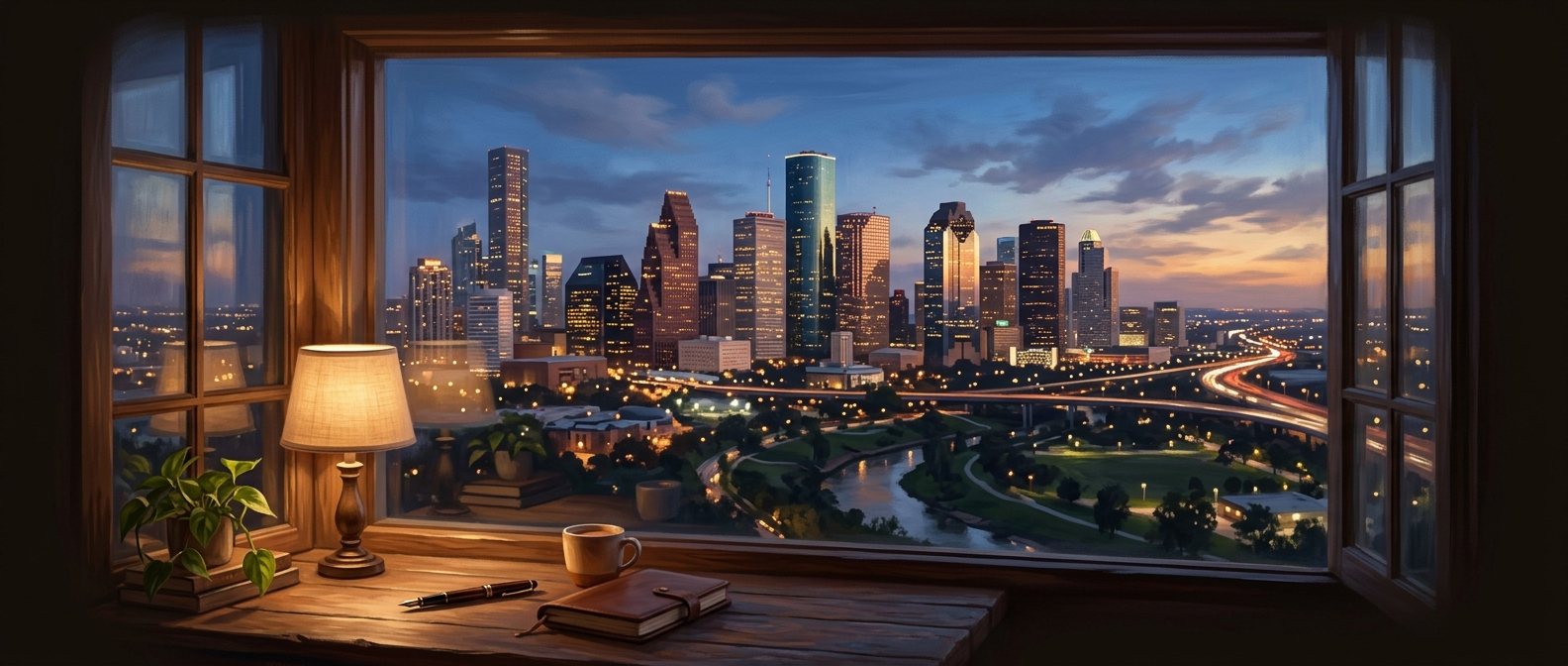 Painting of the Houston skyline at dusk, seen through a home-office window
